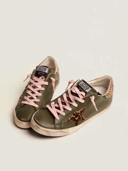 Super-star Sneakers In Dark Leather With Gold Glitter Heel Tab - Green Unisex Streetwear Limited Edition