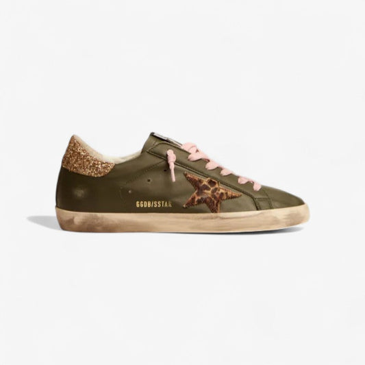 Super-star Sneakers In Dark Leather With Gold Glitter Heel Tab - Green Unisex Streetwear Limited Edition
