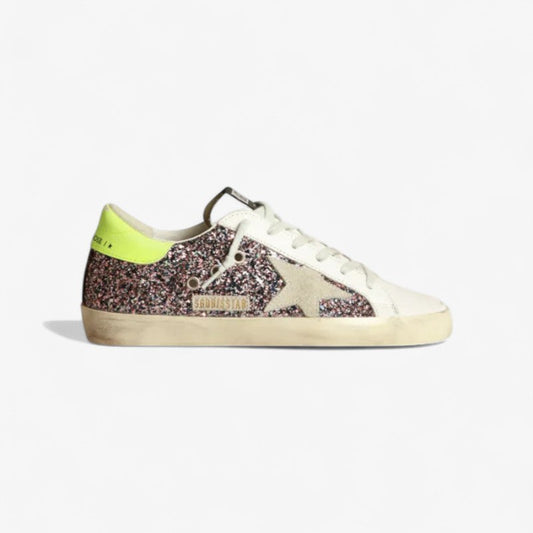 Super-star Sneakers In Gray And Pink Glitter With Ice-gray Suede Star And Fluorescent Leather - Yellow Unisex Streetwear Limited Edition