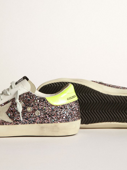 Super-star Sneakers In Gray And Pink Glitter With Ice-gray Suede Star And Fluorescent Leather - Yellow Unisex Streetwear Limited Edition