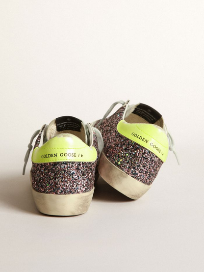Super-star Sneakers In Gray And Pink Glitter With Ice-gray Suede Star And Fluorescent Leather - Yellow Unisex Streetwear Limited Edition