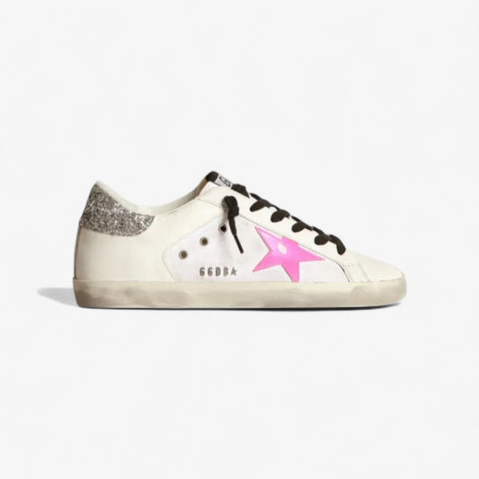 Super-star Sneakers In Leather And Canvas With Shocking-pink Leather Star And Silver Glitter - White Unisex Streetwear Limited Edition