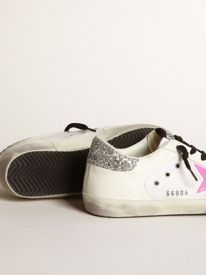 Super-star Sneakers In Leather And Canvas With Shocking-pink Leather Star And Silver Glitter - White Unisex Streetwear Limited Edition