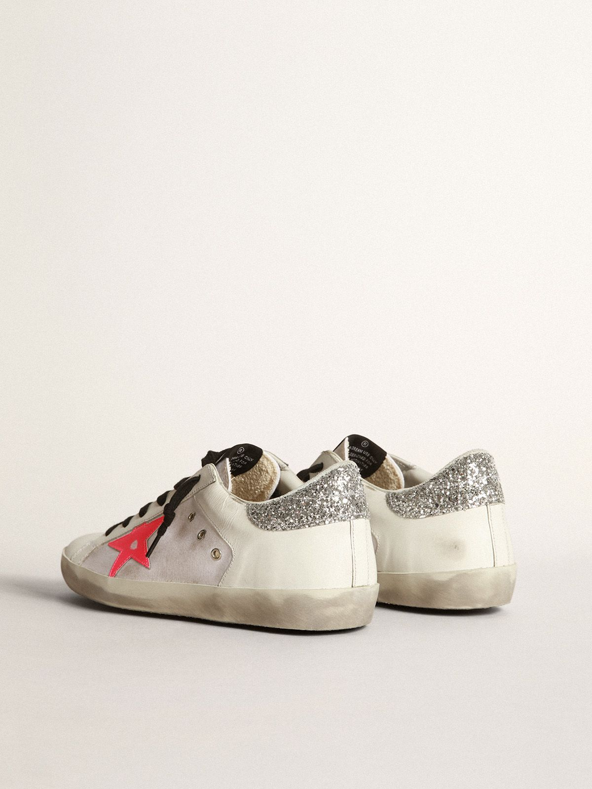 Super-star Sneakers In Leather And Canvas With Shocking-pink Leather Star And Silver Glitter - White Unisex Streetwear Limited Edition