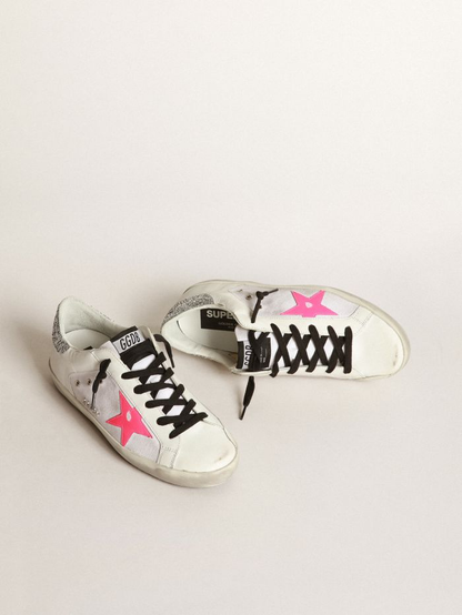 Super-star Sneakers In Leather And Canvas With Shocking-pink Leather Star And Silver Glitter - White Unisex Streetwear Limited Edition