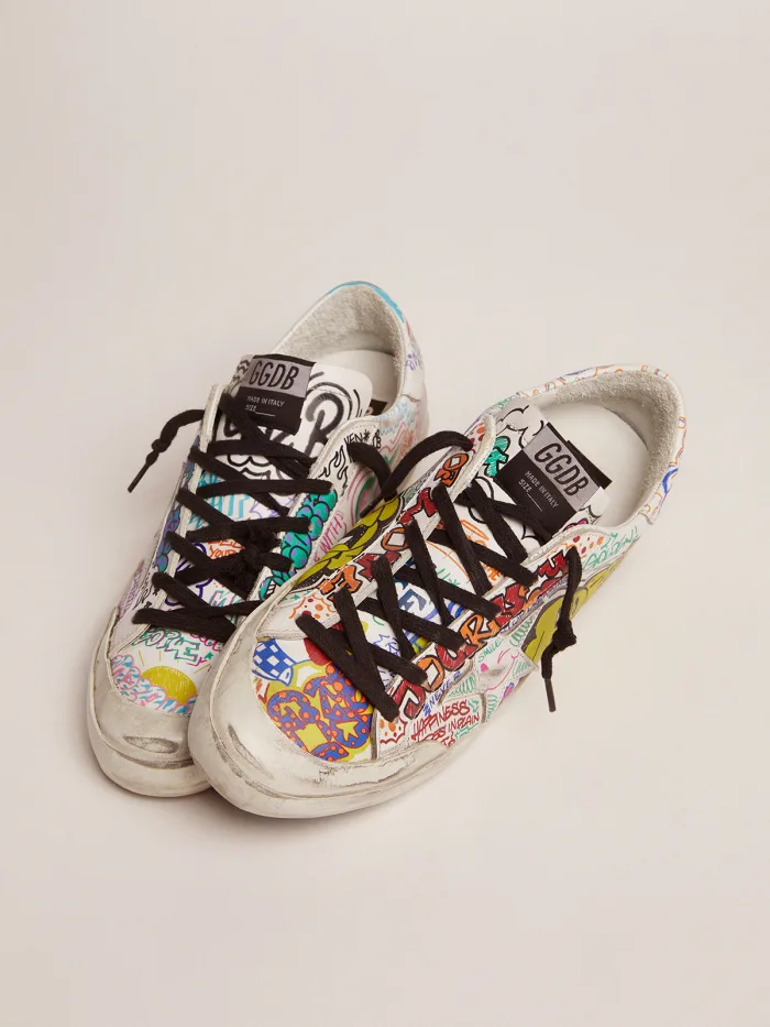 Super-star Sneakers In Leather With Multicolored Graffiti Print - White Unisex Streetwear Limited Edition