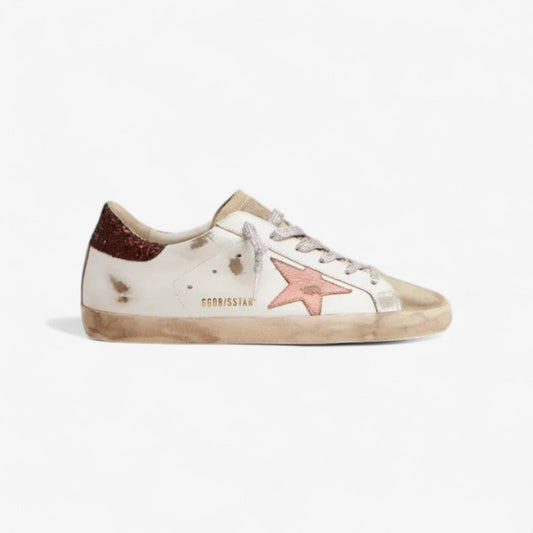 Super-star Sneakers With Brown Glitter Heel Tab And Crackled Leather Star - Pink Unisex Streetwear Limited Edition