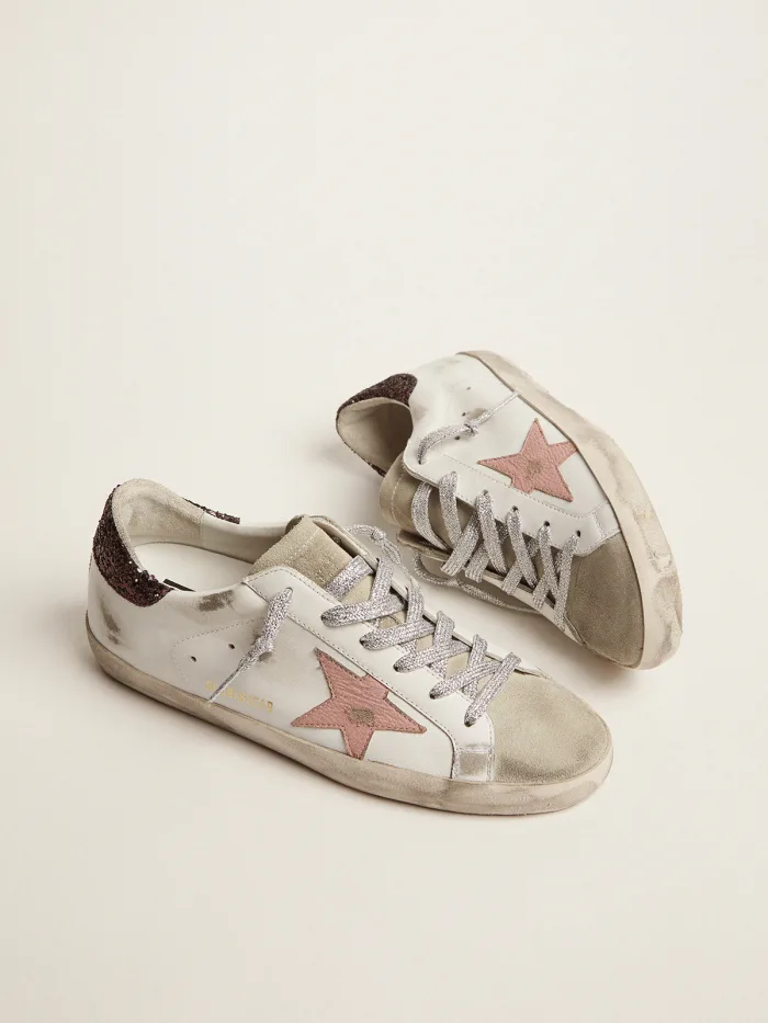 Super-star Sneakers With Brown Glitter Heel Tab And Crackled Leather Star - Pink Unisex Streetwear Limited Edition