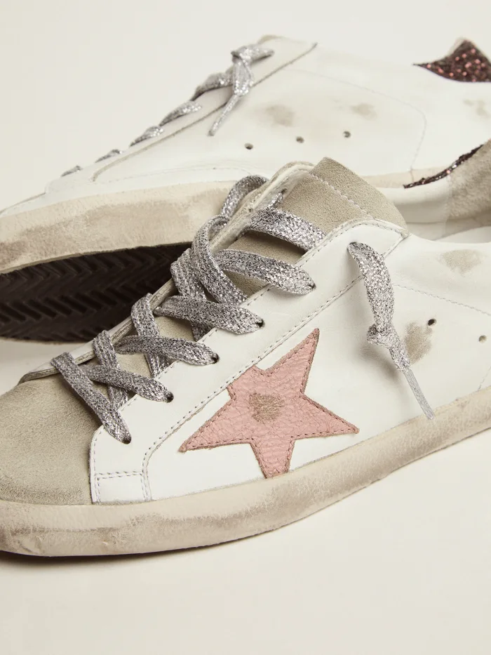 Super-star Sneakers With Brown Glitter Heel Tab And Crackled Leather Star - Pink Unisex Streetwear Limited Edition