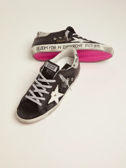 Super-star Sneakers With Glitter And Handwritten Lettering - Black Unisex Streetwear Limited Edition