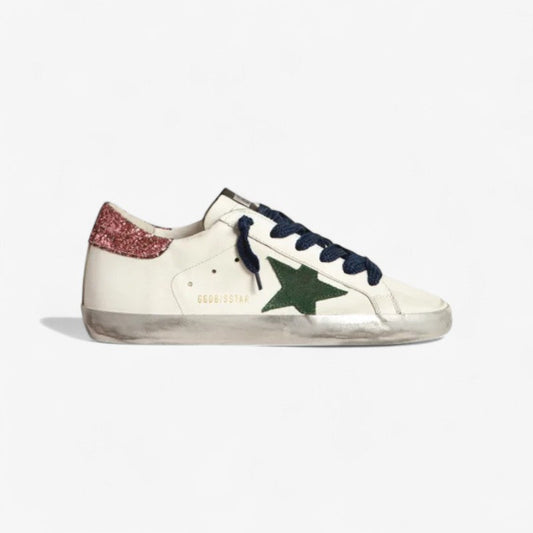 Super-star Sneakers With Suede Star And Pink Glitter Heel Tab - Green Unisex Streetwear Limited Edition