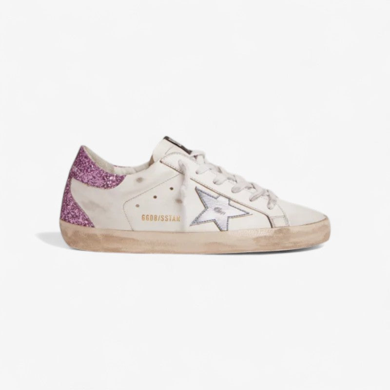 Super-star Sneakers With Lavender Glitter Heel Tab And Light-blue Metallic Leather Star Unisex Streetwear Limited Edition