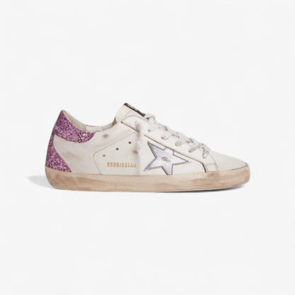 Super-star Sneakers With Lavender Glitter Heel Tab And Light-blue Metallic Leather Star Unisex Streetwear Limited Edition