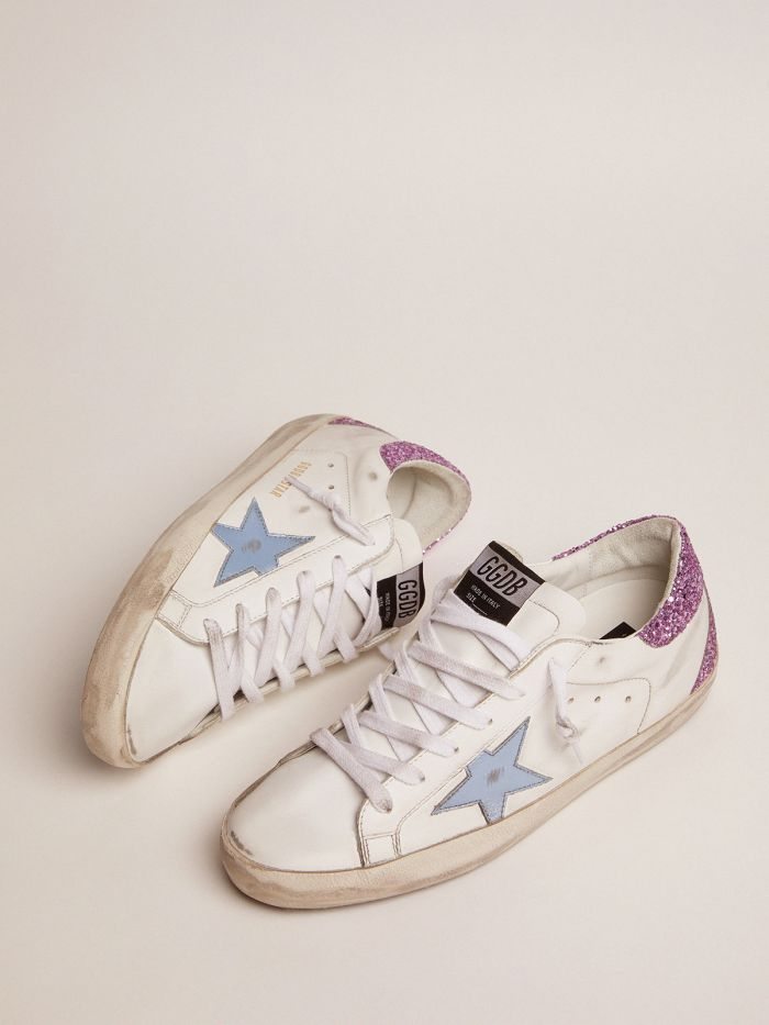 Super-star Sneakers With Lavender Glitter Heel Tab And Light-blue Metallic Leather Star Unisex Streetwear Limited Edition