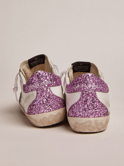 Super-star Sneakers With Lavender Glitter Heel Tab And Light-blue Metallic Leather Star Unisex Streetwear Limited Edition