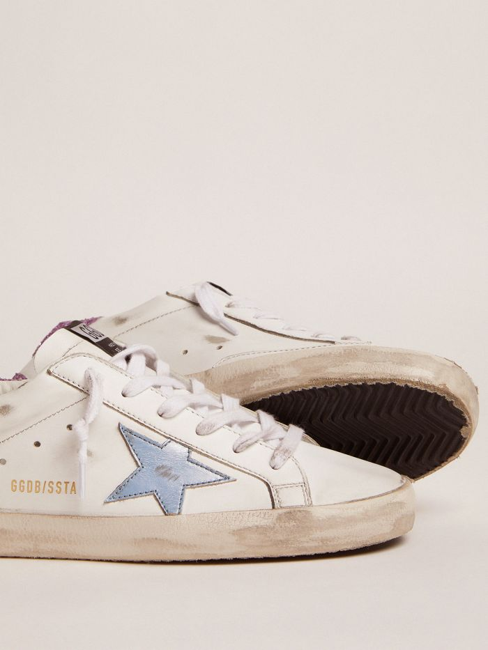 Super-star Sneakers With Lavender Glitter Heel Tab And Light-blue Metallic Leather Star Unisex Streetwear Limited Edition
