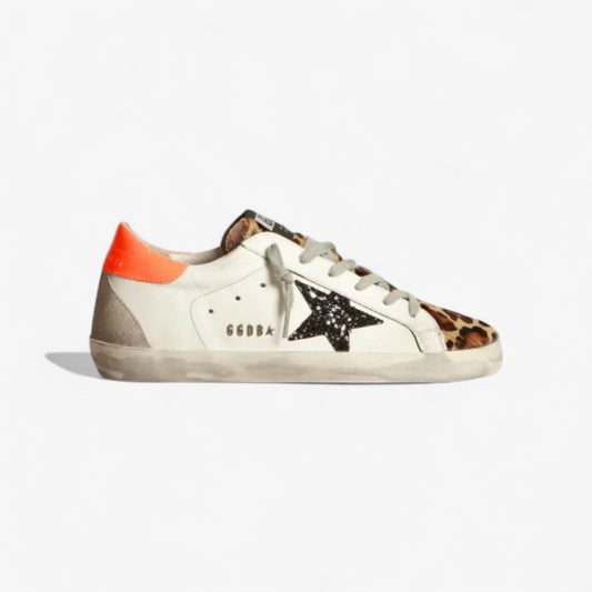 Super-star Sneakers With Leopard-print Insert, Glittery Star And Heel Tab - Orange Unisex Streetwear Limited Edition
