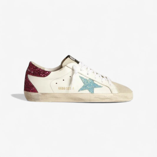 Super-star Sneakers With Light Glitter Star And Purple Glitter Heel Tab - Blue Unisex Streetwear Limited Edition