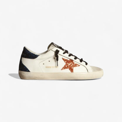 Super-star Sneakers With Peach-pink Glitter Star And Glitter Heel Tab - Blue Unisex Streetwear Limited Edition