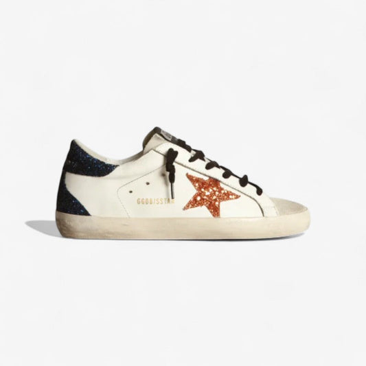 Super-star Sneakers With Peach-pink Glitter Star And Glitter Heel Tab - Blue Unisex Streetwear Limited Edition