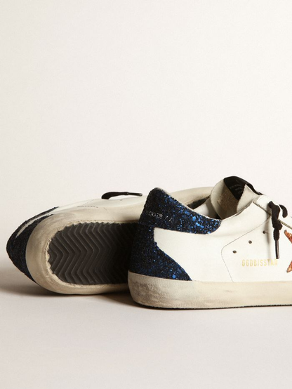 Super-star Sneakers With Peach-pink Glitter Star And Glitter Heel Tab - Blue Unisex Streetwear Limited Edition