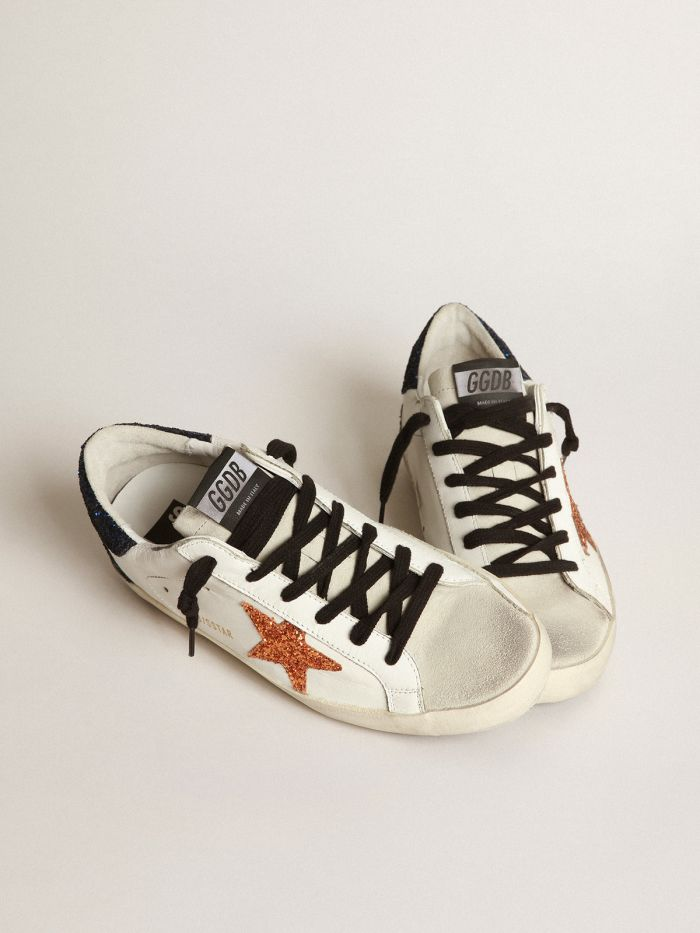 Super-star Sneakers With Peach-pink Glitter Star And Glitter Heel Tab - Blue Unisex Streetwear Limited Edition