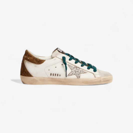Super-star Sneakers With Silver Glitter Star And Leopard-print Suede Heel Tab - White Unisex Streetwear Limited Edition