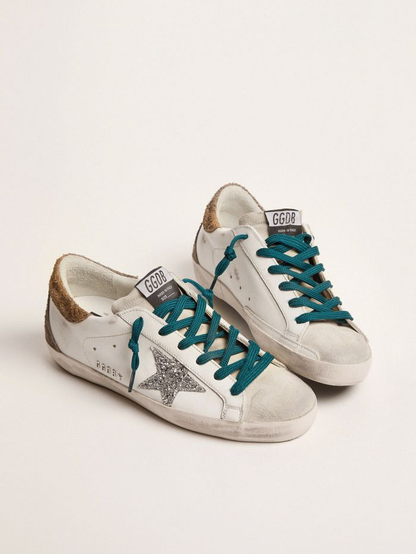 Super-star Sneakers With Silver Glitter Star And Leopard-print Suede Heel Tab - White Unisex Streetwear Limited Edition