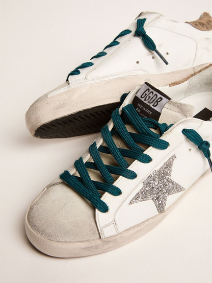 Super-star Sneakers With Silver Glitter Star And Leopard-print Suede Heel Tab - White Unisex Streetwear Limited Edition