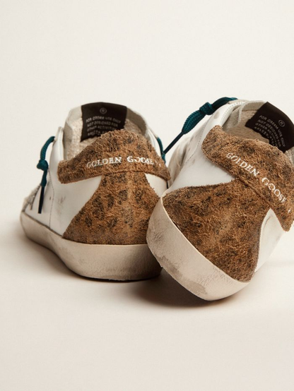 Super-star Sneakers With Silver Glitter Star And Leopard-print Suede Heel Tab - White Unisex Streetwear Limited Edition
