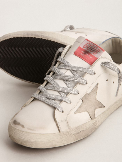 Super-star Sneakers With Sky-blue Laminated Leather Heel Tab And Ice-gray Suede Star Unisex Streetwear Limited Edition