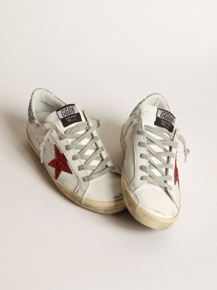 Super-star Sneakers In Leather With Glittery Red Star - White Unisex Streetwear Limited Edition