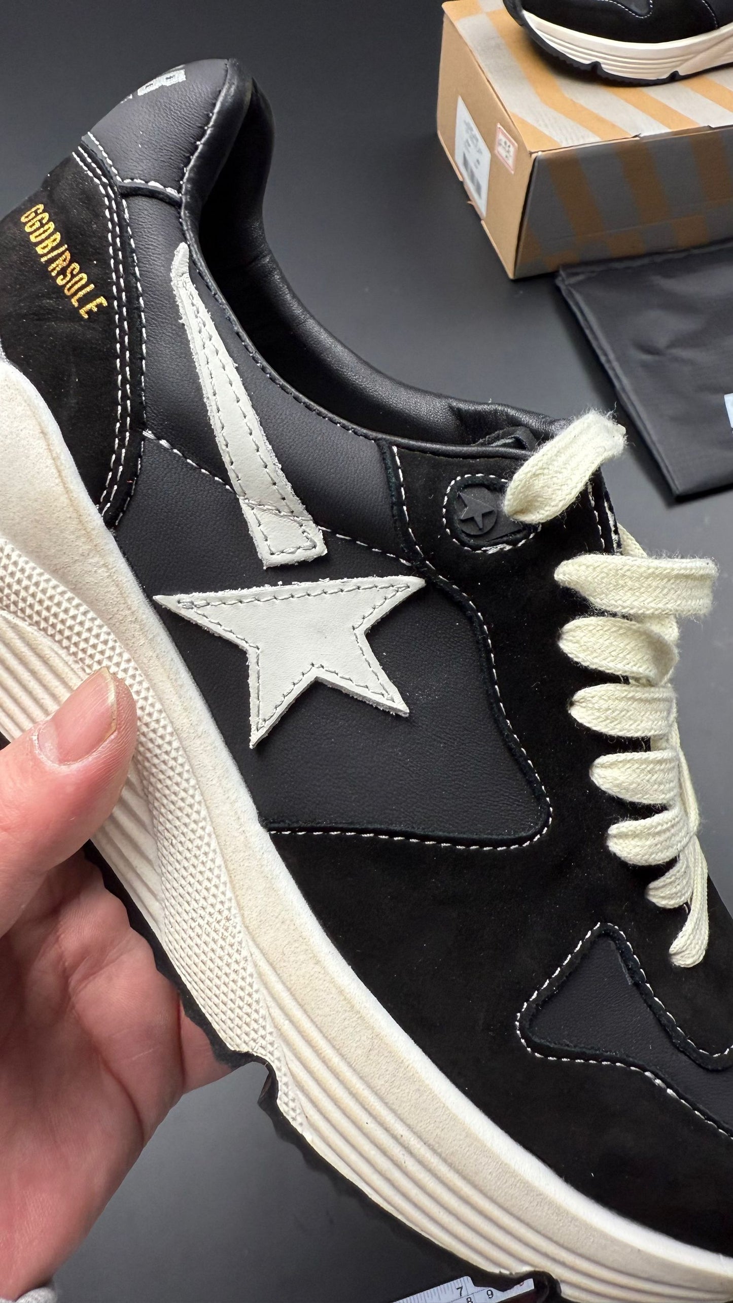 Women s Running Sole Sneakers In Nappa Leather And Suede With White Leather Star - Black Unisex Streetwear Limited Edition