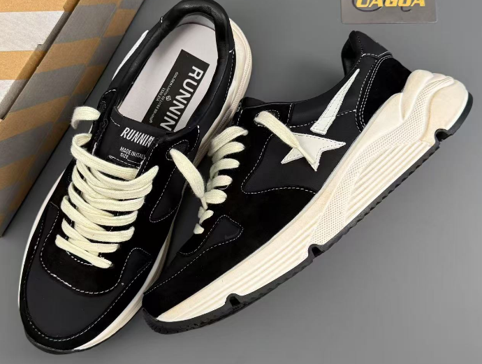 Women s Running Sole Sneakers In Nappa Leather And Suede With White Leather Star - Black Unisex Streetwear Limited Edition