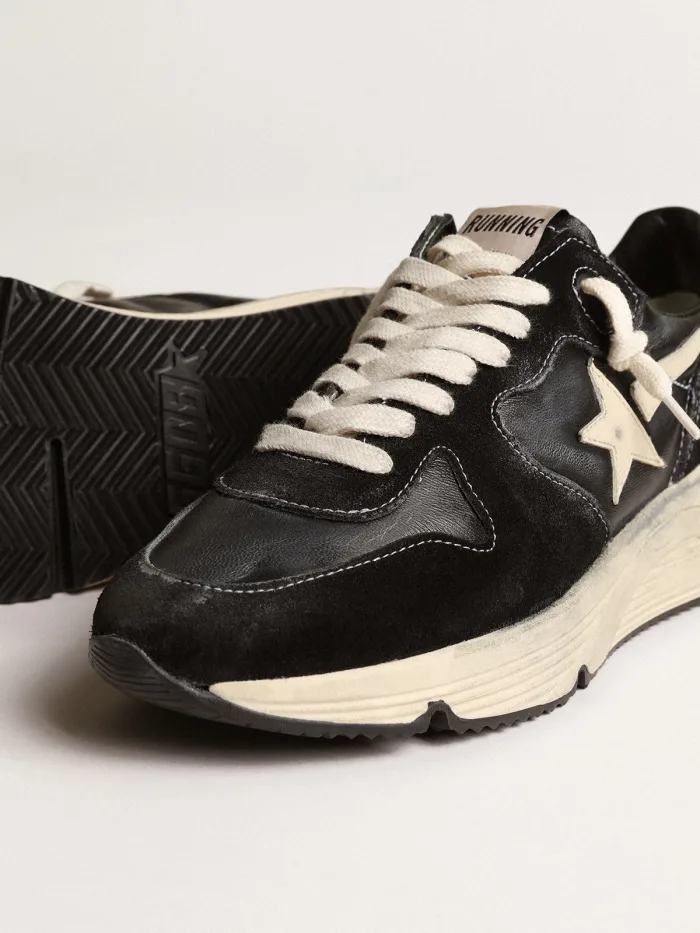 Women s Running Sole Sneakers In Nappa Leather And Suede With White Leather Star - Black Unisex Streetwear Limited Edition