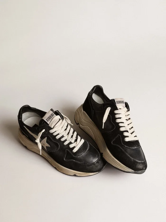 Women s Running Sole Sneakers In Nappa Leather And Suede With White Leather Star - Black Unisex Streetwear Limited Edition