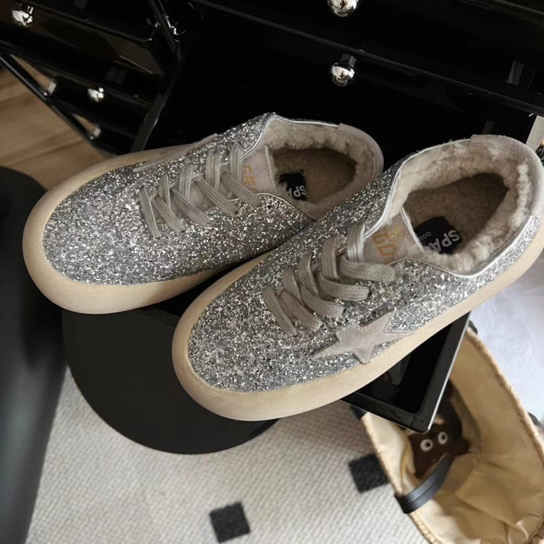 Women's Space-star Shoes In Silver Glitter With Shearling Lining - White Unisex Streetwear Limited Edition