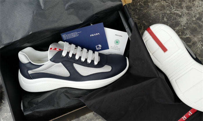 PRADA America's Cup Leather Silver Sneakers - Navy Unisex Streetwear Limited Edition