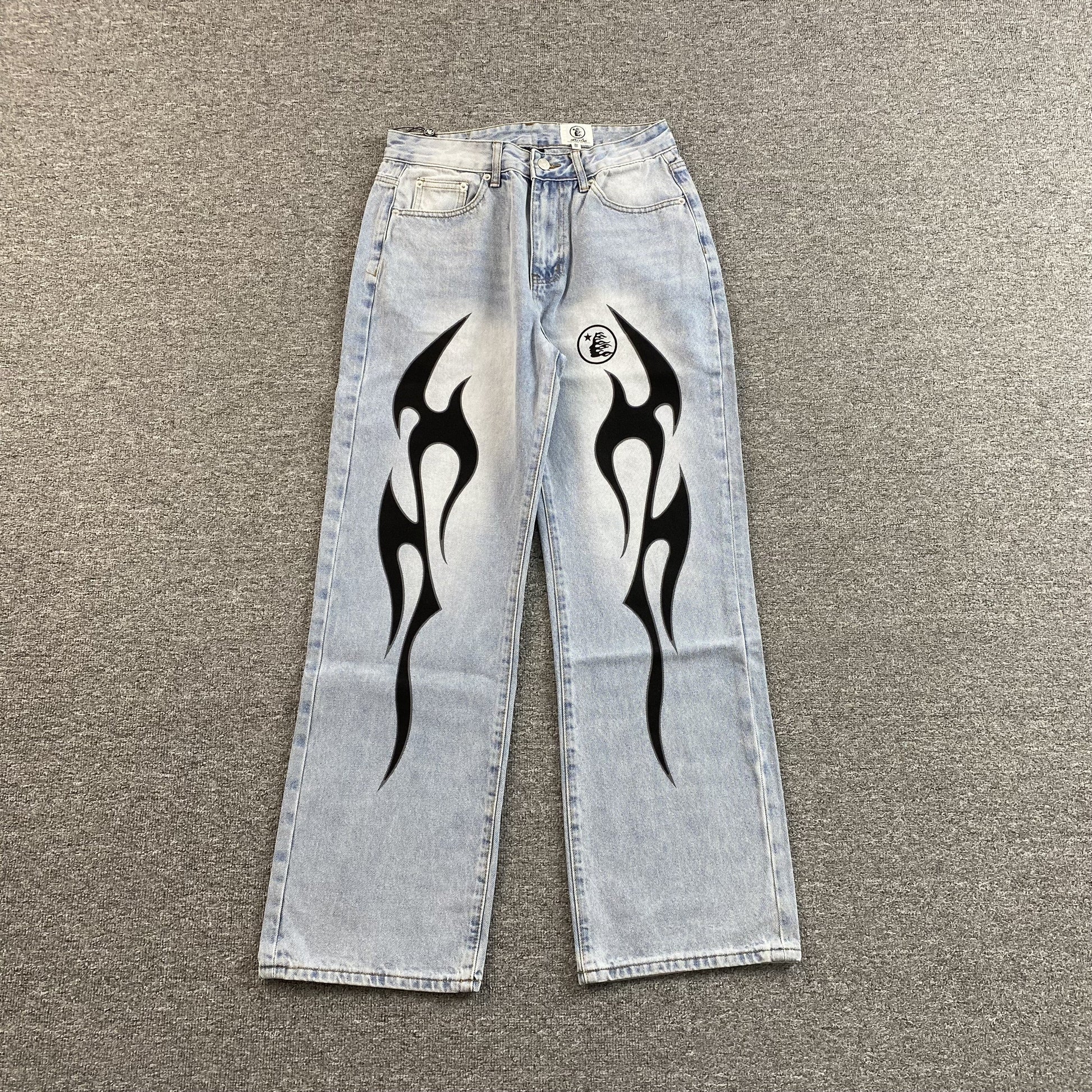 HELLSTAR Flame Jeans Washed Blue Hoodie - Black Unisex Streetwear Limited Edition