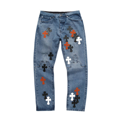 CHROME Hearts 3 Color Cross Jeans - Blue Unisex Streetwear Limited Edition - The CHROME HEARTS 3 COLOR CROSS BLUE JEANS - REPLICA are a bold expression of