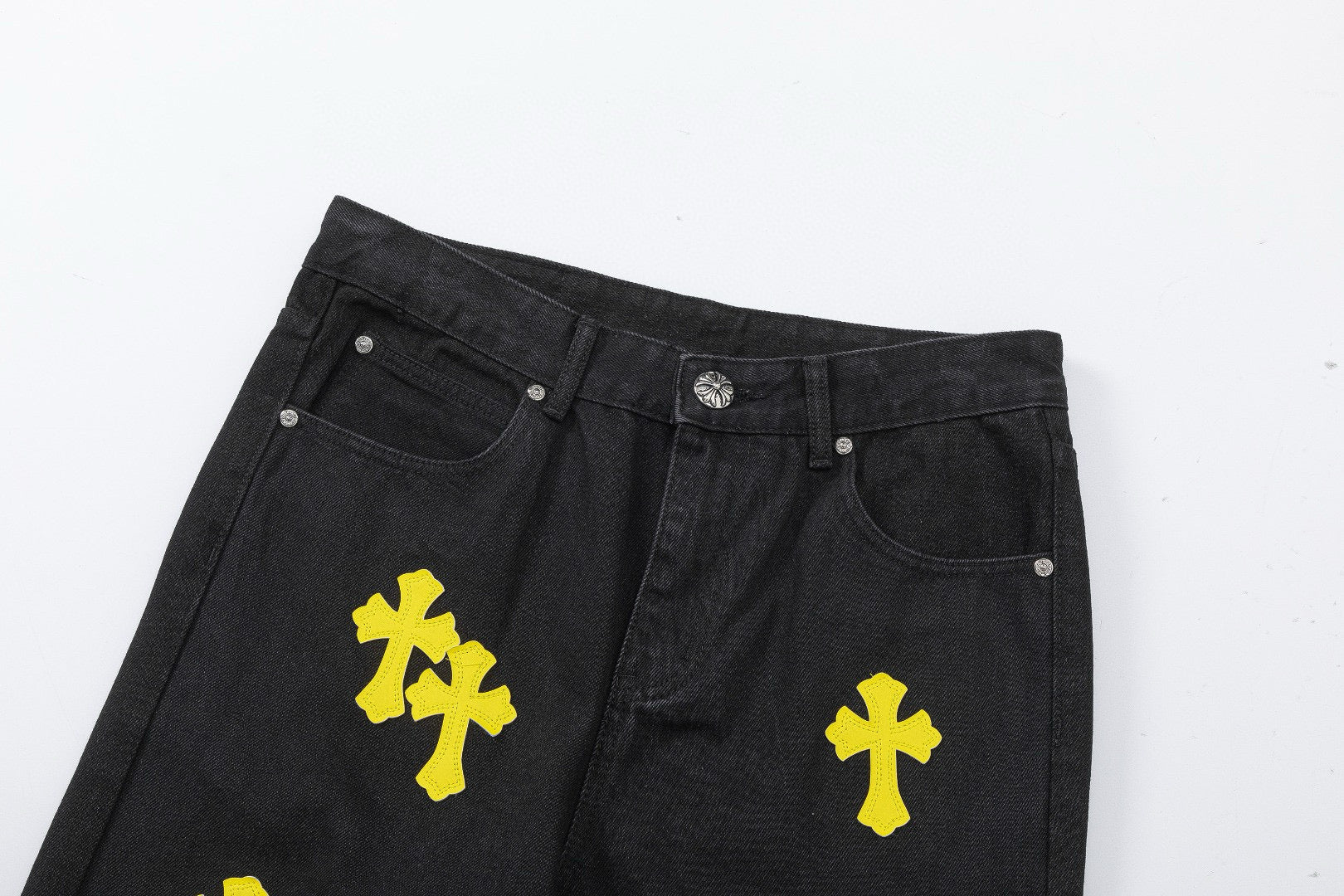 CHROME Hearts Yellow Cross Patch Jeans - Black Unisex Streetwear Limited Edition