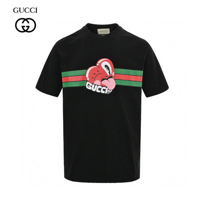 Gucci T-shirt With Heart Graphic - Black Unisex Streetwear Limited Edition - <span>Playful and stylish. Features a red heart cartoon graphic. Green and red stripe design with