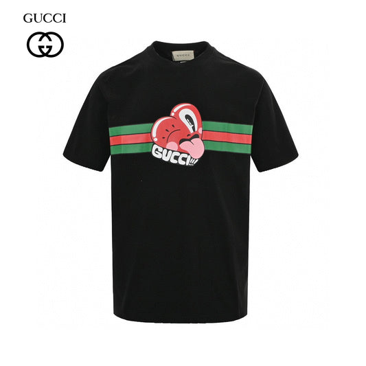 Gucci T-shirt With Heart Graphic - Black Unisex Streetwear Limited Edition - <span>Playful and stylish. Features a red heart cartoon graphic. Green and red stripe design with