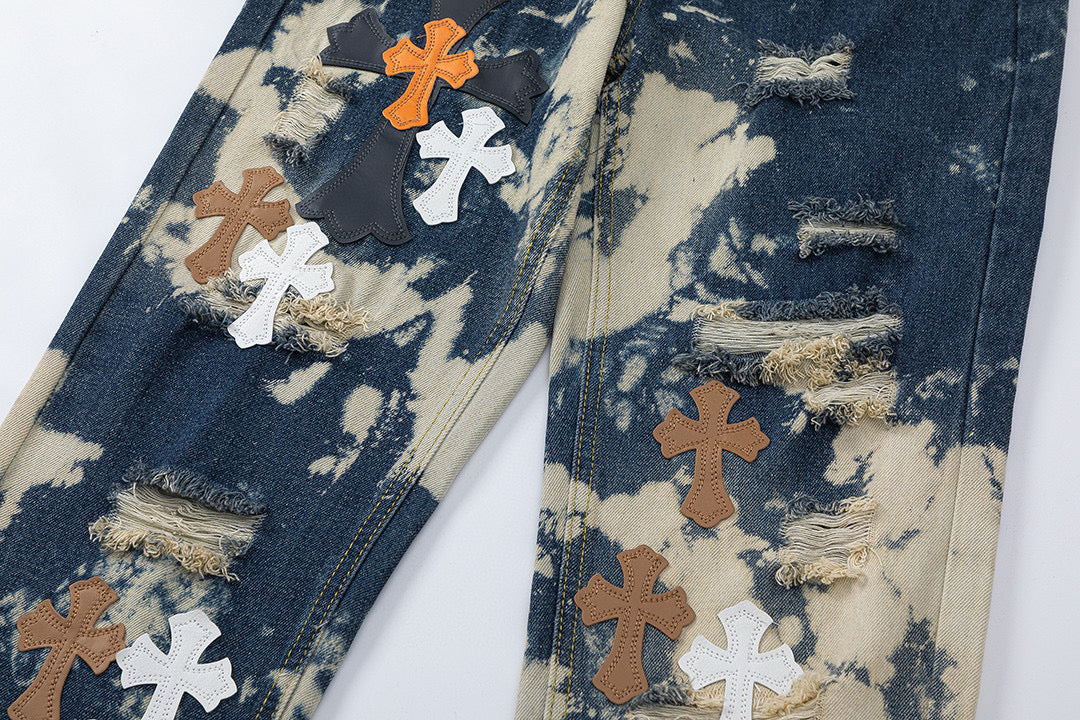 CHROME Hearts Tie Dye Orange Cross Patch Jeans - White Unisex Streetwear Limited Edition