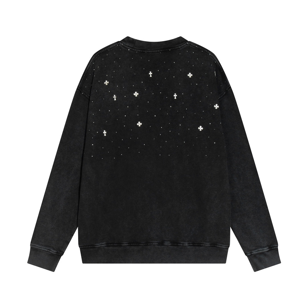 CHROME Hearts Starry Rhinestone Sweatshirt Washed - Black Unisex Streetwear Limited Edition