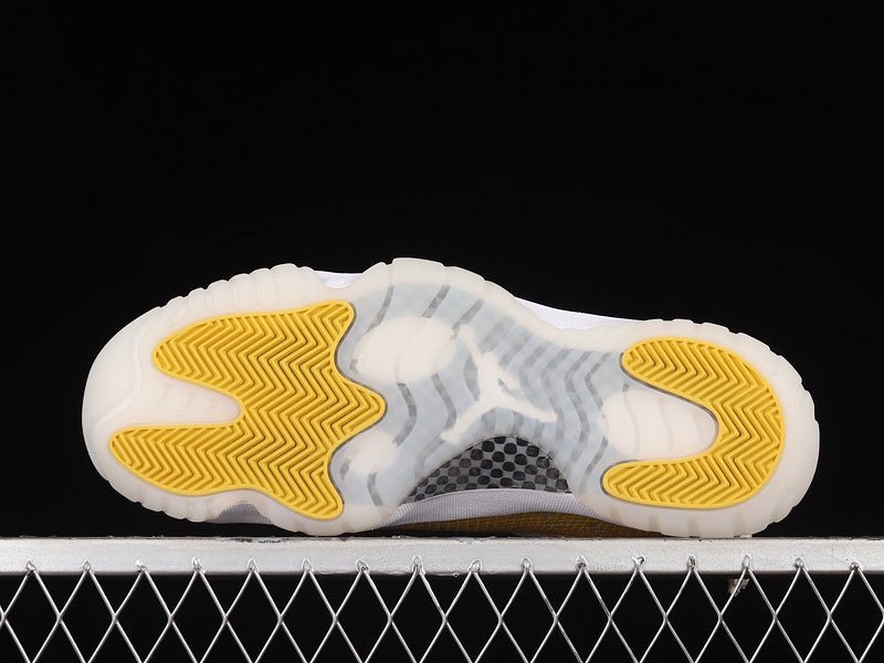AIR Jordan 11 Low Yellow Snakeskin Sneakers - White Unisex Streetwear Limited Edition - Embrace bold sophistication with the Air Jordan 11 Low Yellow Snakeskin White/Tour Yellow/Sail, a striking