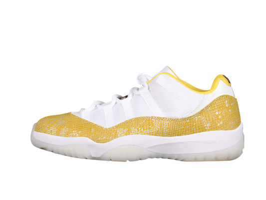 AIR Jordan 11 Low Yellow Snakeskin Sneakers - White Unisex Streetwear Limited Edition - Embrace bold sophistication with the Air Jordan 11 Low Yellow Snakeskin White/Tour Yellow/Sail, a striking