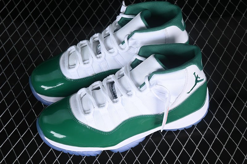 AIR Jordan 11 Retro - Green Sneakers - White Unisex Streetwear Limited Edition - Step into classic style with the Air Jordan 11 Retro White/Green sneakers. A timeless silhouette