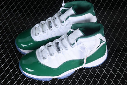 AIR Jordan 11 Retro - Green Sneakers - White Unisex Streetwear Limited Edition - Step into classic style with the Air Jordan 11 Retro White/Green sneakers. A timeless silhouette