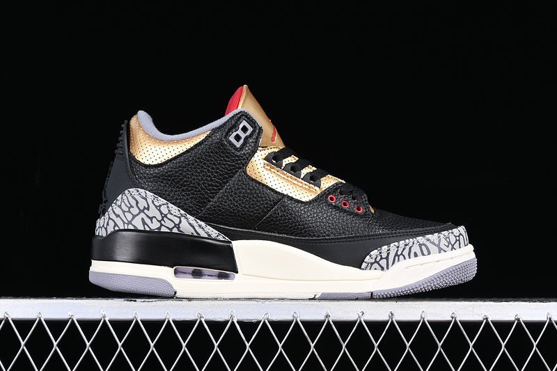 AIR Jordan 3 Retro - Fire Red - Metallic Gold - Cement Grey Sneakers - Black Unisex Streetwear Limited Edition - **Air Jordan 3 Retro Black/Fire Red/Metallic Gold/Cement Grey** Experience a bold blend